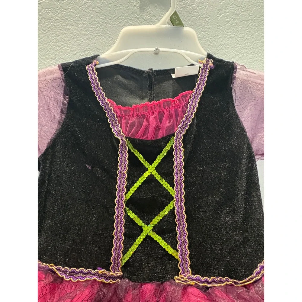 Kids Pink Black Witch Costume Spiderweb Bell Sleeve Tulle Dress 6/8Y